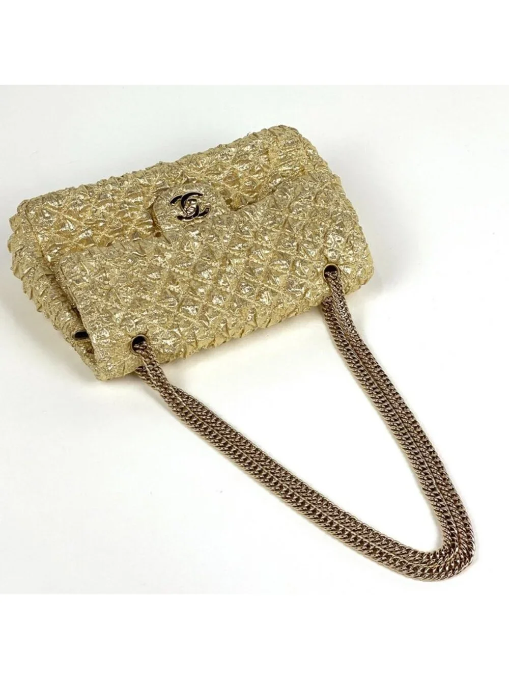Chanel Shoulder Bag CC Logo Double Flap Fabric Gold